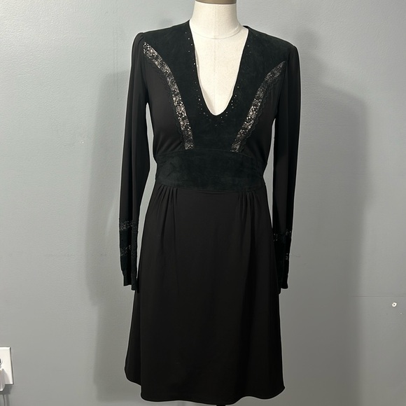 BCBGMaxAzria Black Suede Drop Waist Mini Dress size L - Picture 3 of 15